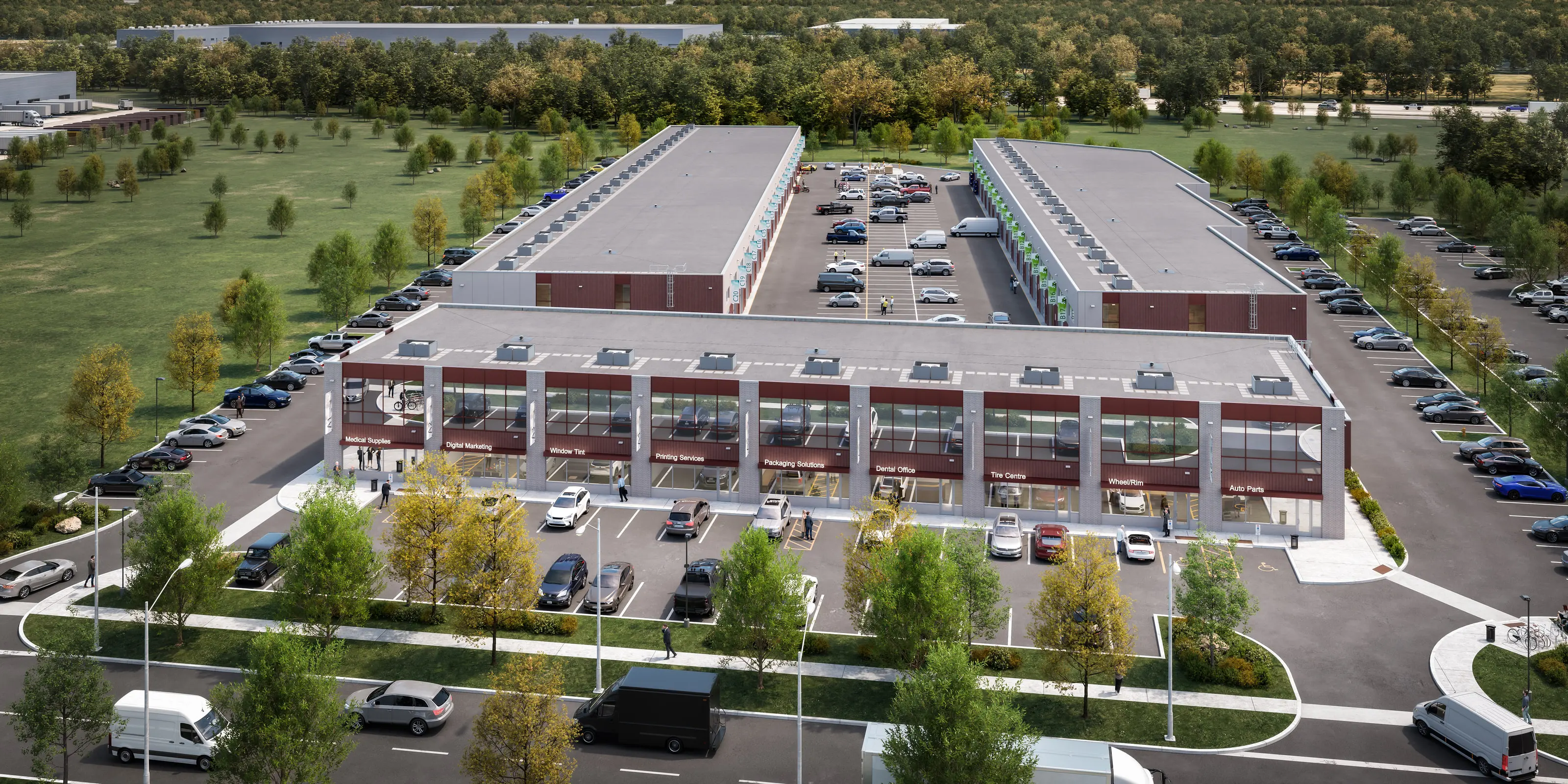 Aerial rendering of Building A's storefronts facing Ace Drive