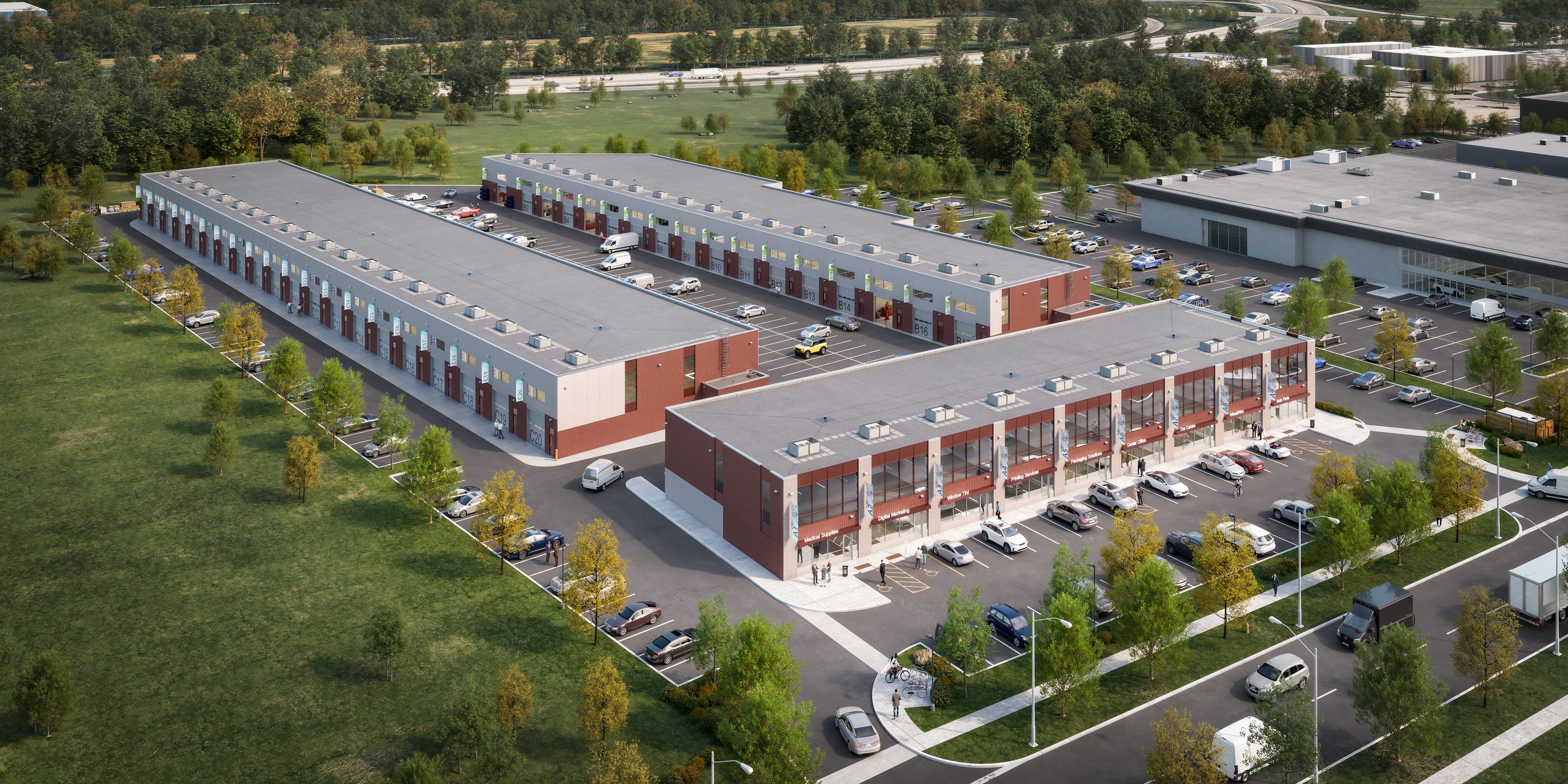 Aerial rendering of the three Ace Drive Condos buildings
