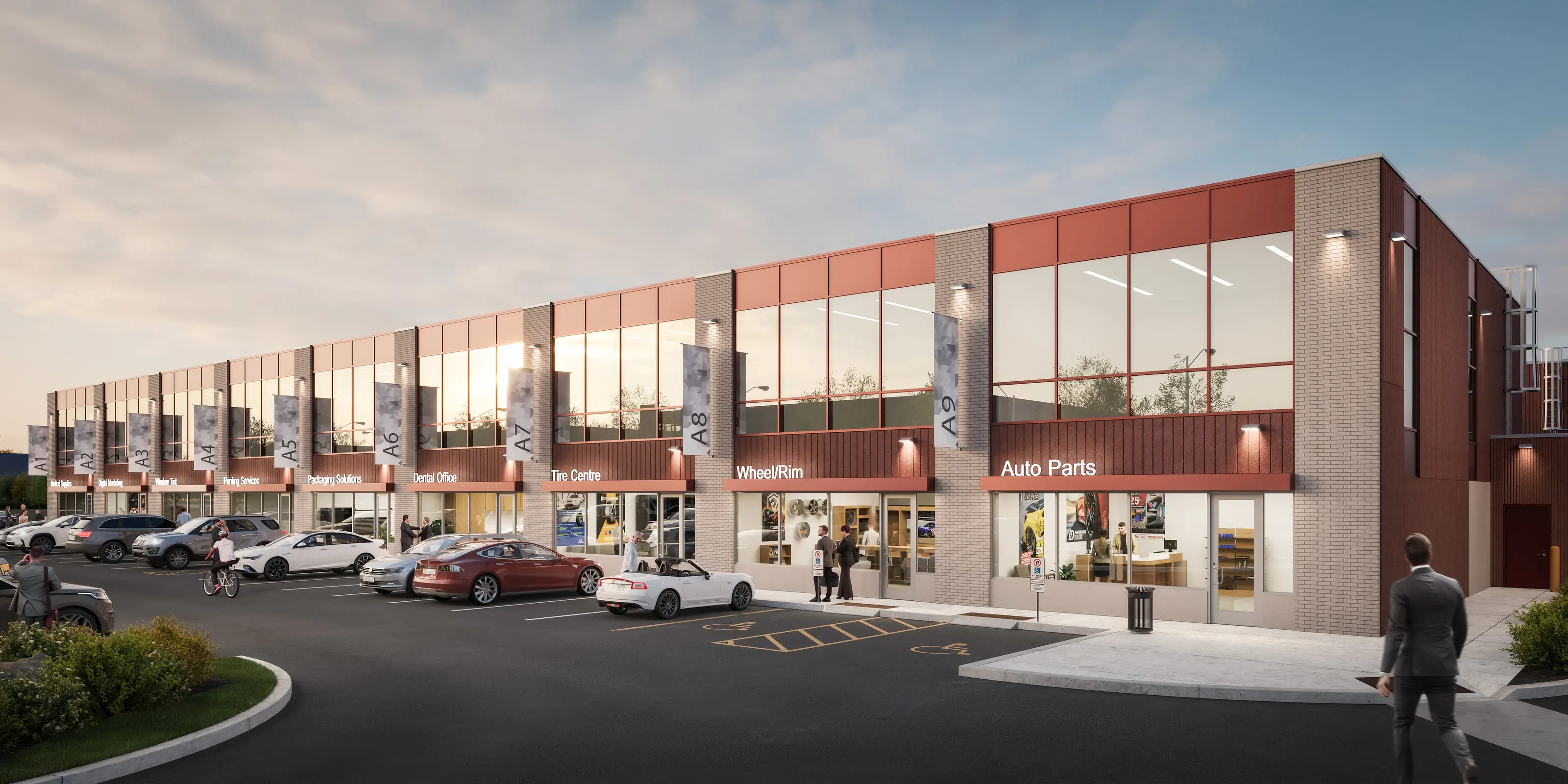 Rendering of the Ace Drive Condos storefront at dusk